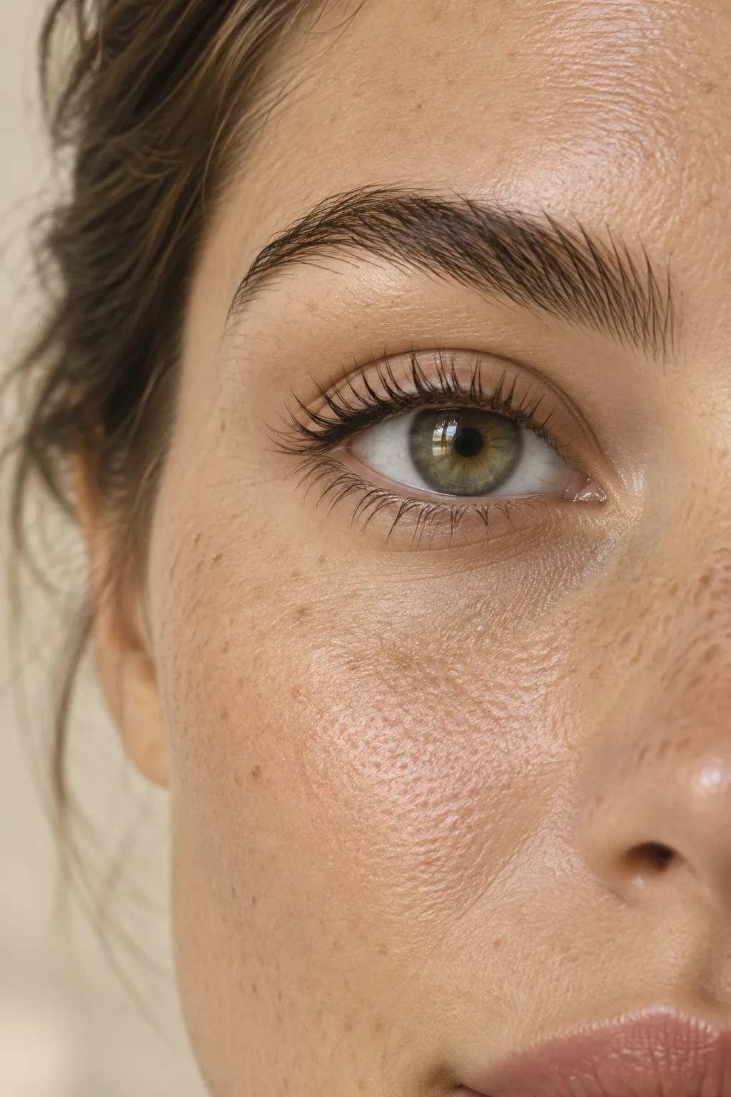 Close detail of natural brushed brows and lashes