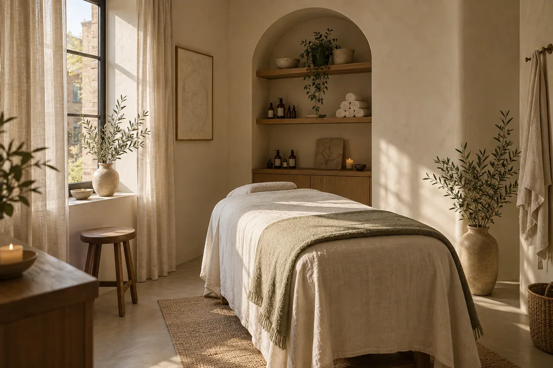 Alba’s studio: a linen treatment bed, soft daylight and oak shelves